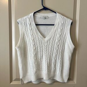 White V-Neck Cable Knit Sweater Vest